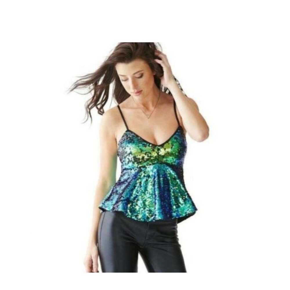 Woman’s Guess Green Blue Yellow Sequence Shifting Peplum Top NWT PARTY CLUB Med.